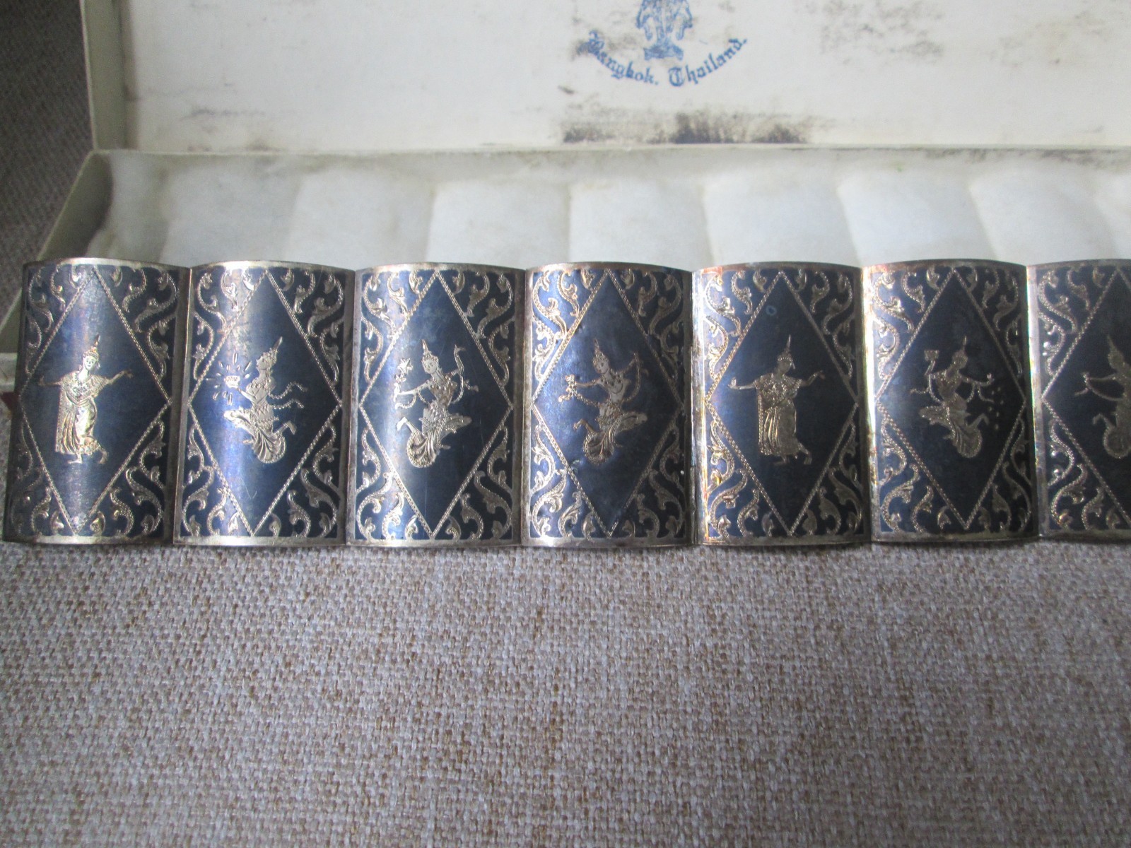Vintage Siam Sterling Silver Niello Panel Bracelet Boxed Bangkok Thailand 925