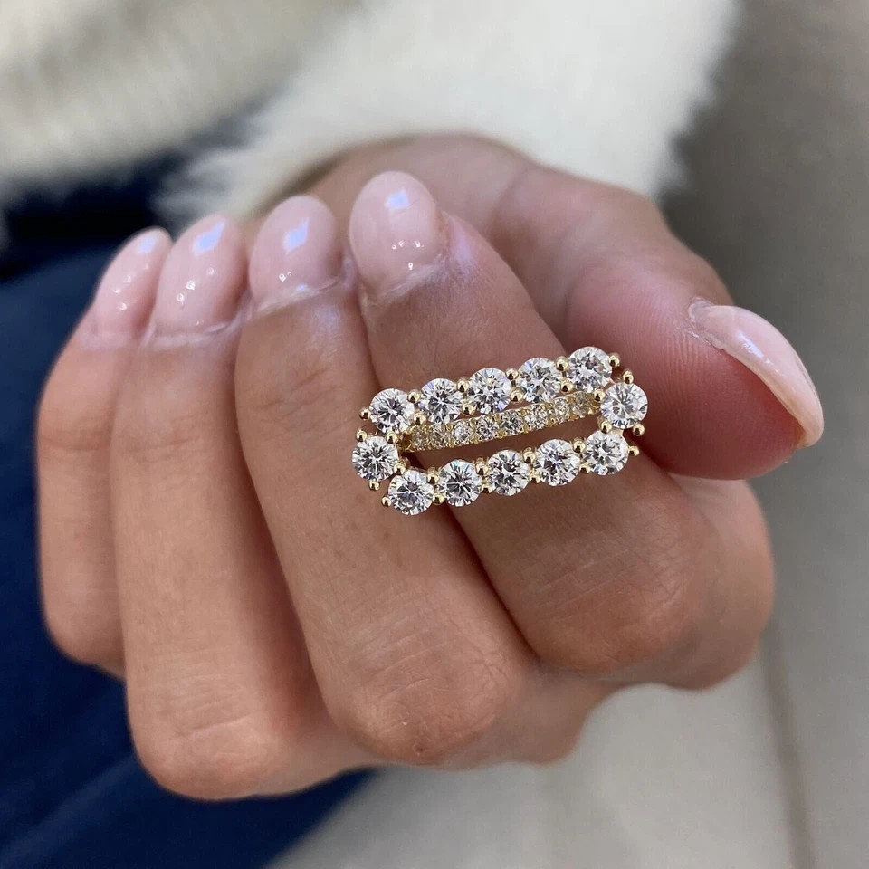 2Ct Round Cut Simulated Real Moisannite Fancy Band Ring 14k Yellow Gold Plated