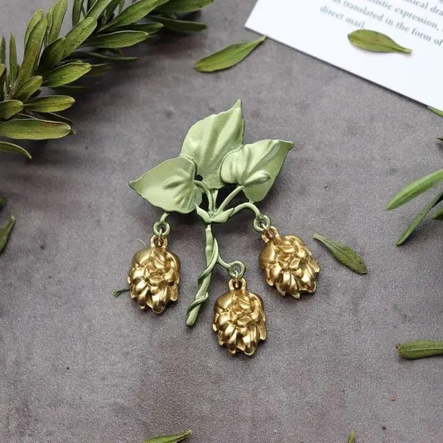 Green Color Plant Pearls Pin Tree Lotus Leaf Blueberry Cherry Flower Brooch