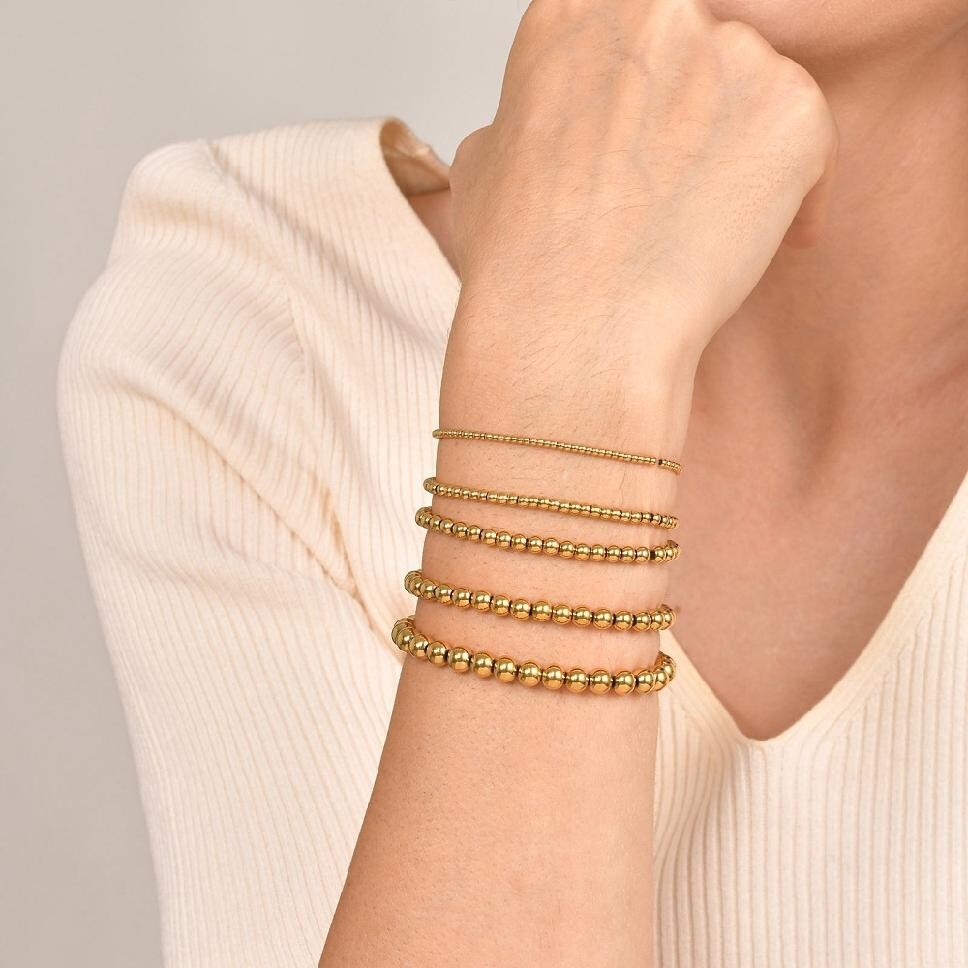 14K Gold Plated Stainless Steel Bracelet Bead Beaded Stretch Stacking 2-6mm T15