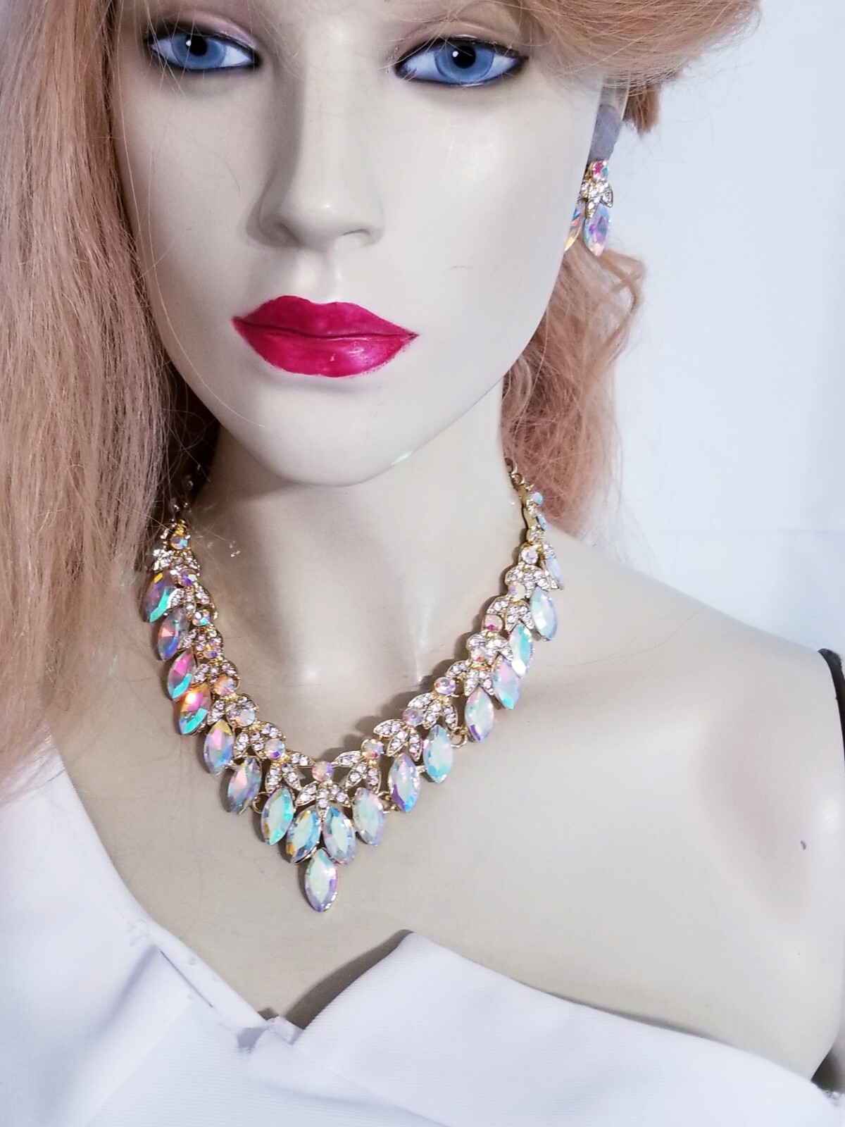 AB Iridescent Crystal Choker Rhinestone Necklace Earring Set Bridal Prom Pageant