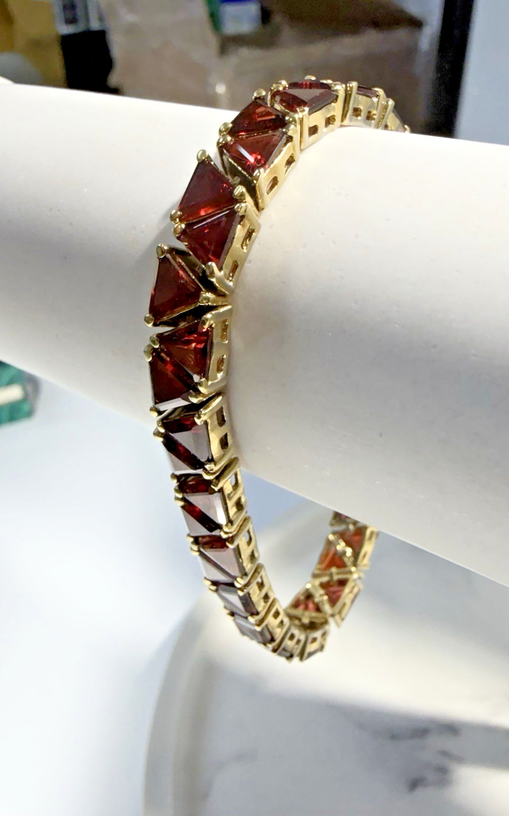 Suzanne Somers Estate Red Trillion Cz Tennis Bracelet 7.1 Gold Tone 925 w/ Box