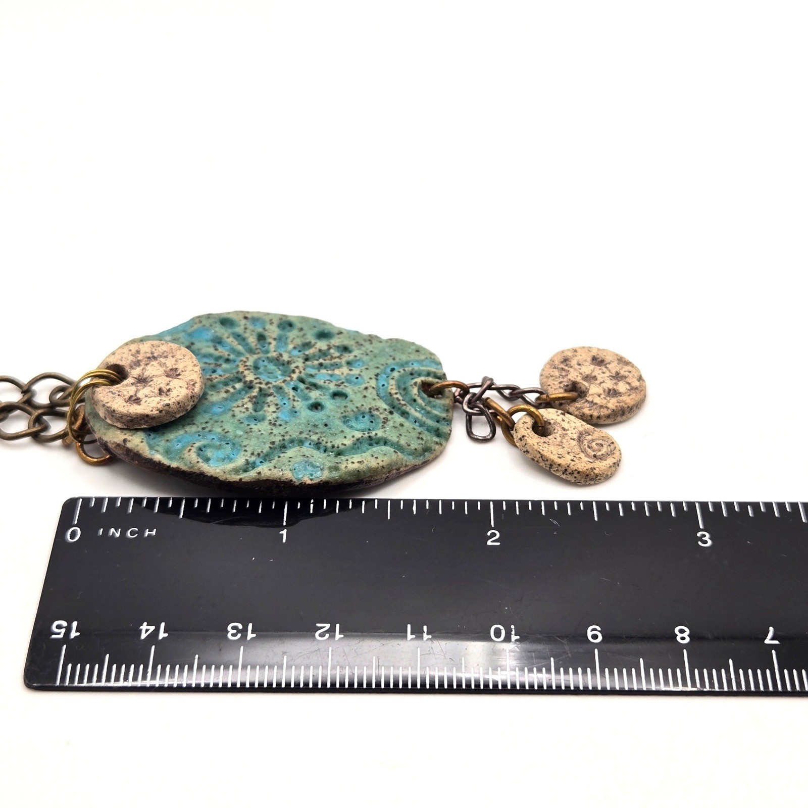 Artisan Handmade Ceramic Necklace Pottery Statement Teal Boho Mixed Media Brass
