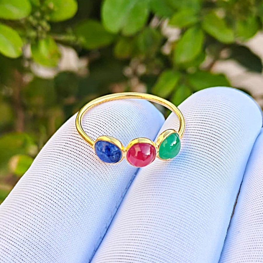 Blue Sapphire, Ruby, Emerald Gemstone Handmade 925 Solid Silver Gold Plated Ring