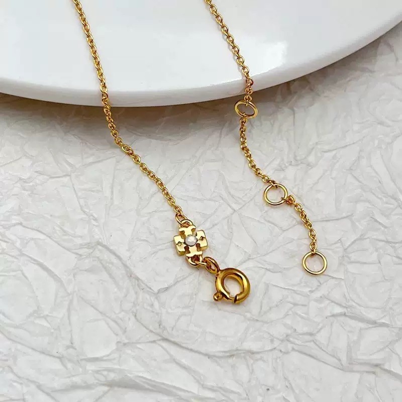 New Tory White Circle Gold Necklace with Jewelry Pouch 46.4+4cm