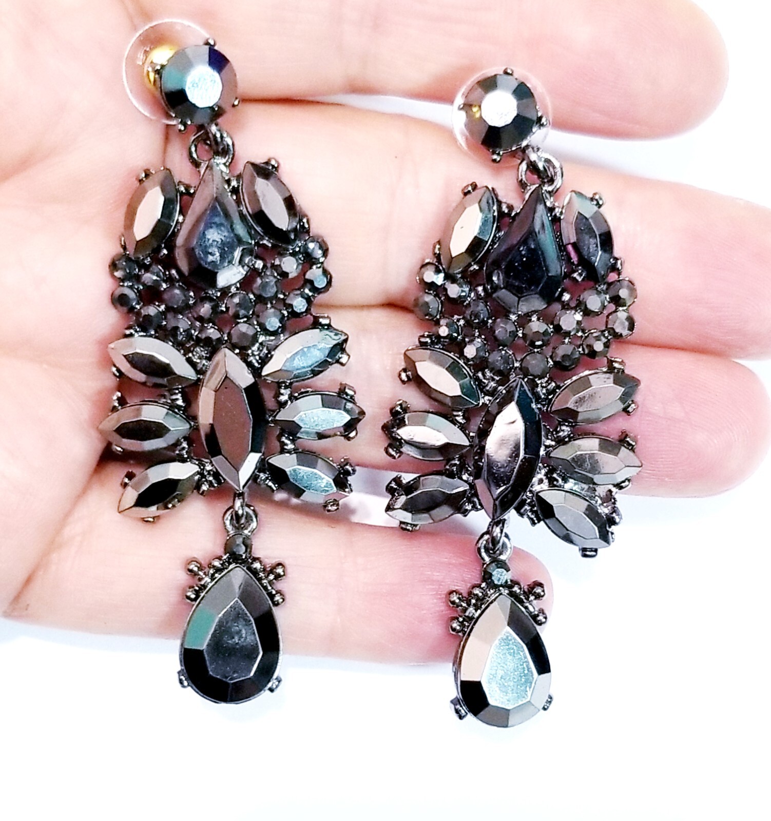 Gray Chandelier Drop Earrings Rhinestone Crystal 2.6 inch