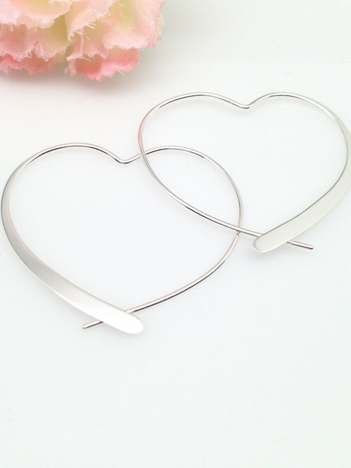 925 Sterling Silver Heart Threader Hoop Earrings Plain 34mm(1.34″)x32mm