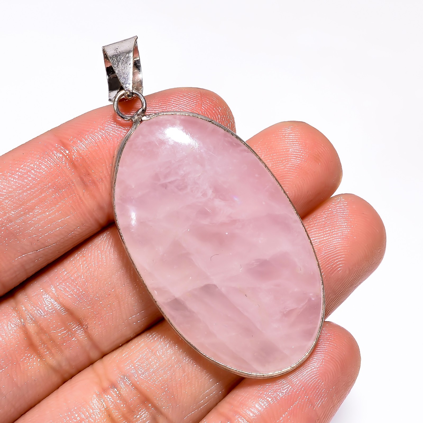 63.20Ct Rose Quartz OVAL 24X47X7MM Gemstone 925 Sterling Silver Pendant Jewelry