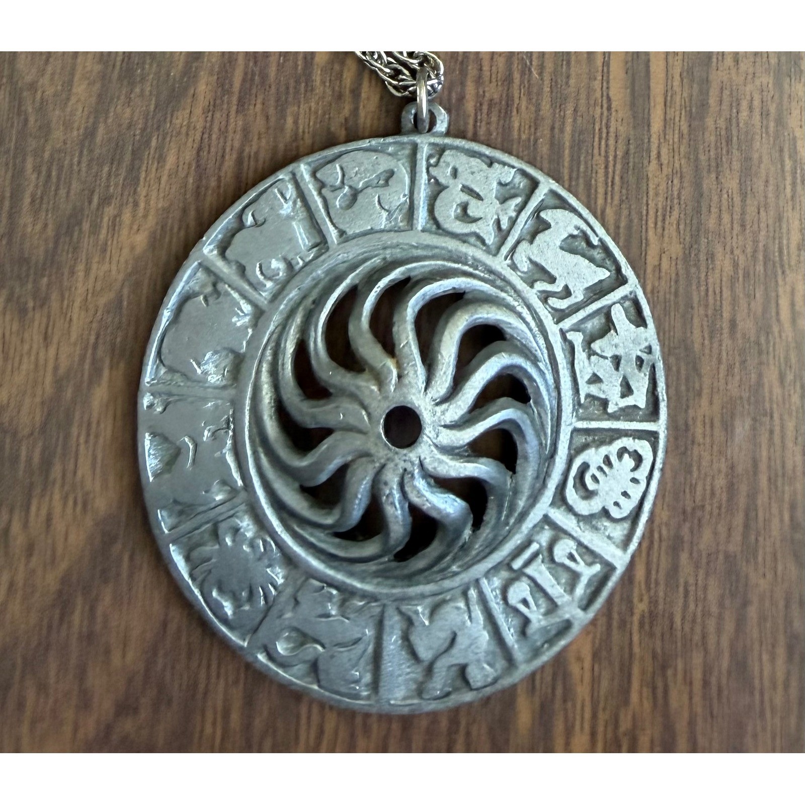 Vtg 70s Springmaid Pewter Zodiac Medallion Necklace Sunburst Astrology Pendant