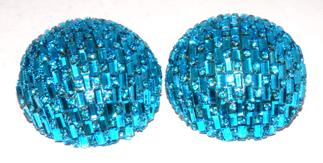 Azure Blue Crystal Large Domed Earrings • Baguette 1.675″ Rhinestone 90s Pierced