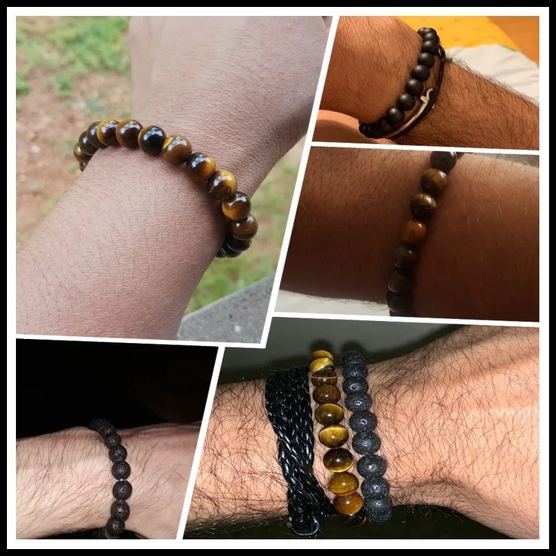 2 PCS Tiger Eye Natural Stone Obsidian 8mm Beaded Bracelet Men Women Jewelry
