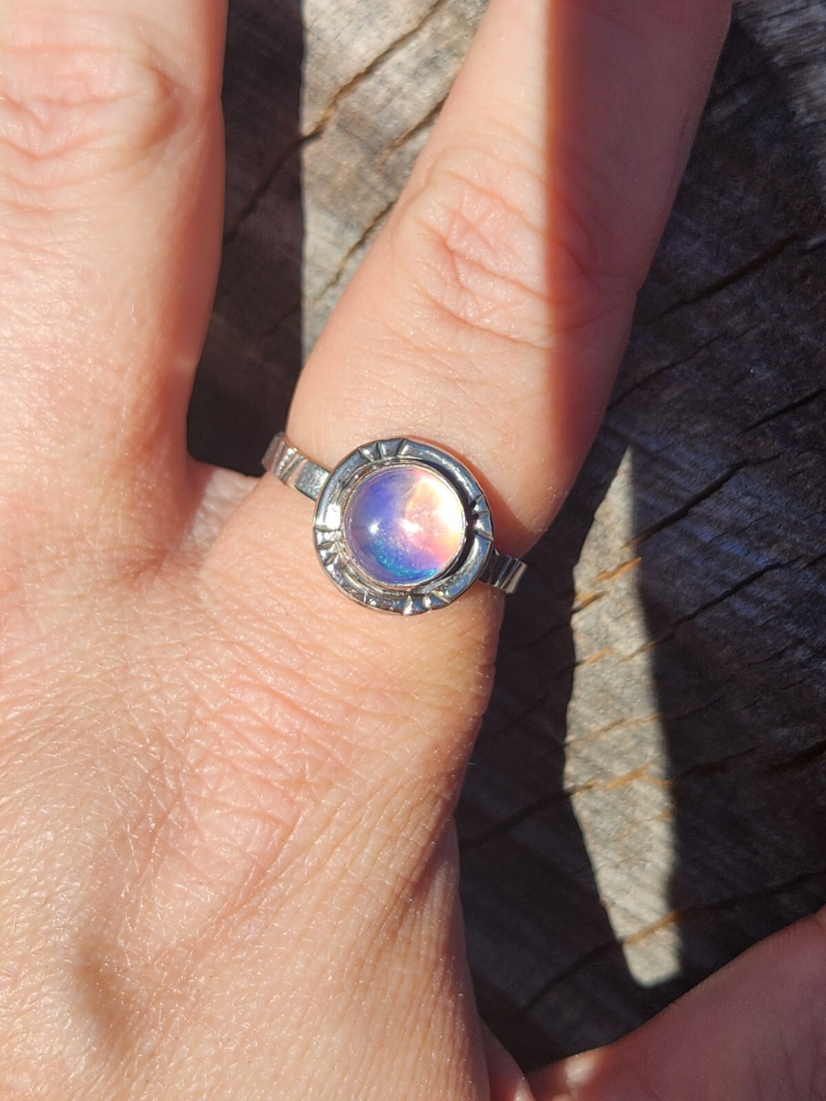 Aurora Opal Handmade Sterling Silver 925 Round Ring, Size 9 Pink Purple