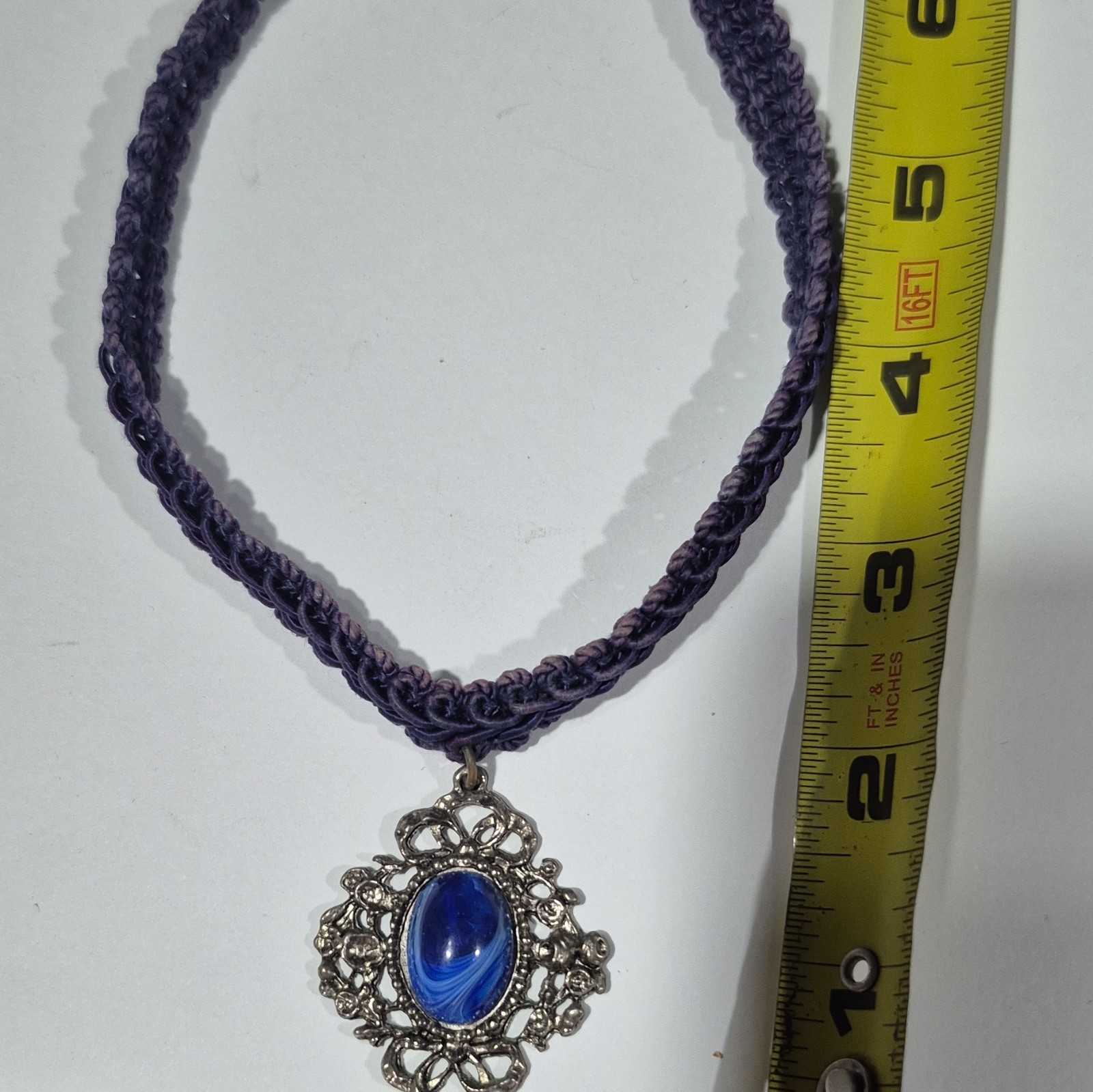 Purple Cord Choker Necklace Silver-Tone Filigree Blue Oval Glass Pendant 16 in