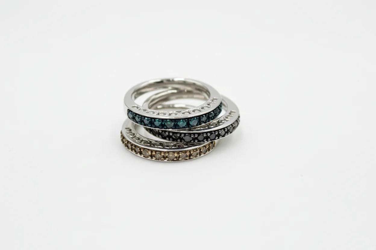 49ctw Black, Blue & Champagne Diamond Silver Band Rings set, Size 5