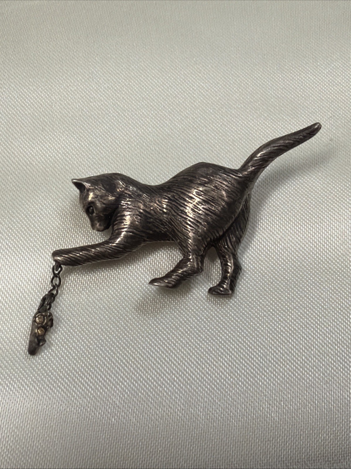 Vintage Antique Unknown Mark Sterling Silver 925 Cat Play Mouse Cute Brooch Pin