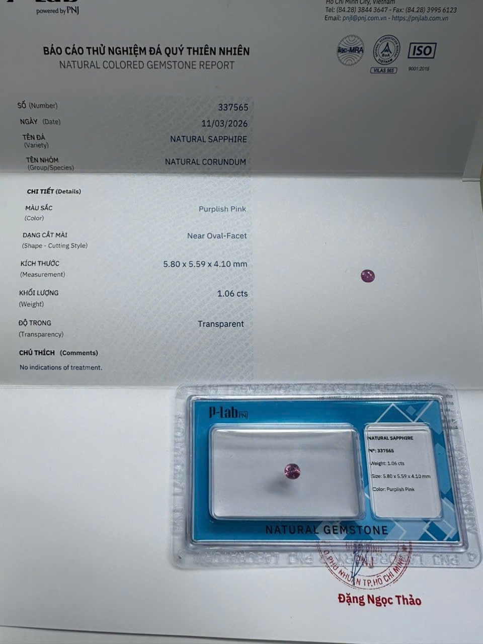 Certified 1.06cts Eye clean Untreated Natural Purplish Pink Milky Sapphire
