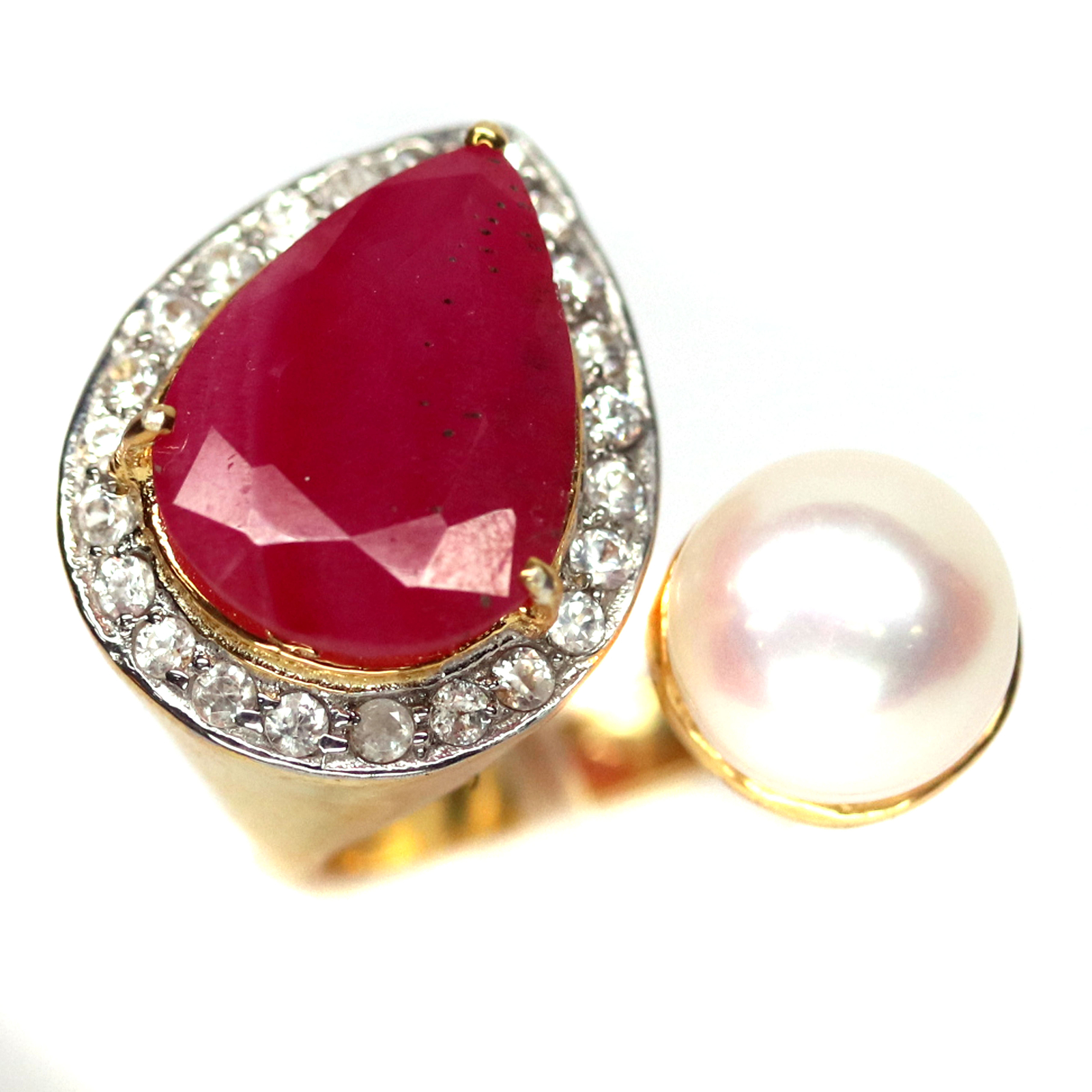 Ruby Pearl Ring 925 Silver Red Gem Halo Zircon 13x18mm Statement