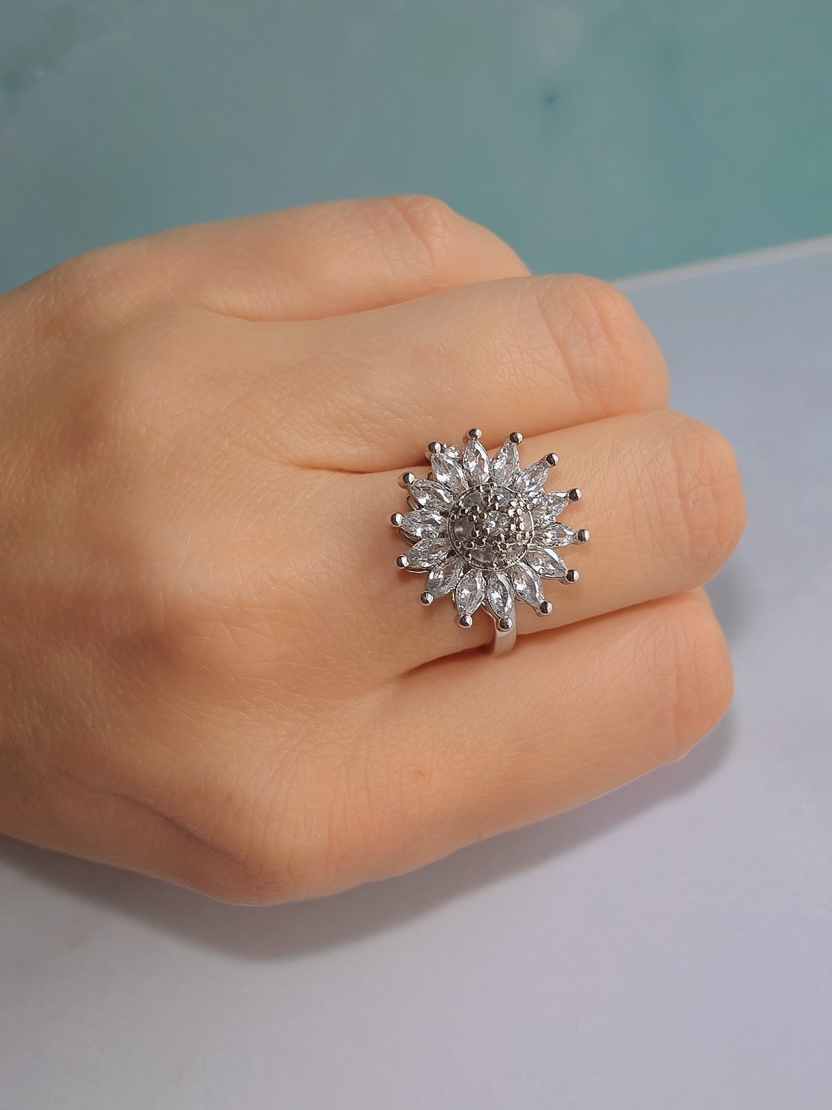 Fidget Spinner Rings for Women Flower Adjustable CZ 14K Gold & 925 Silver