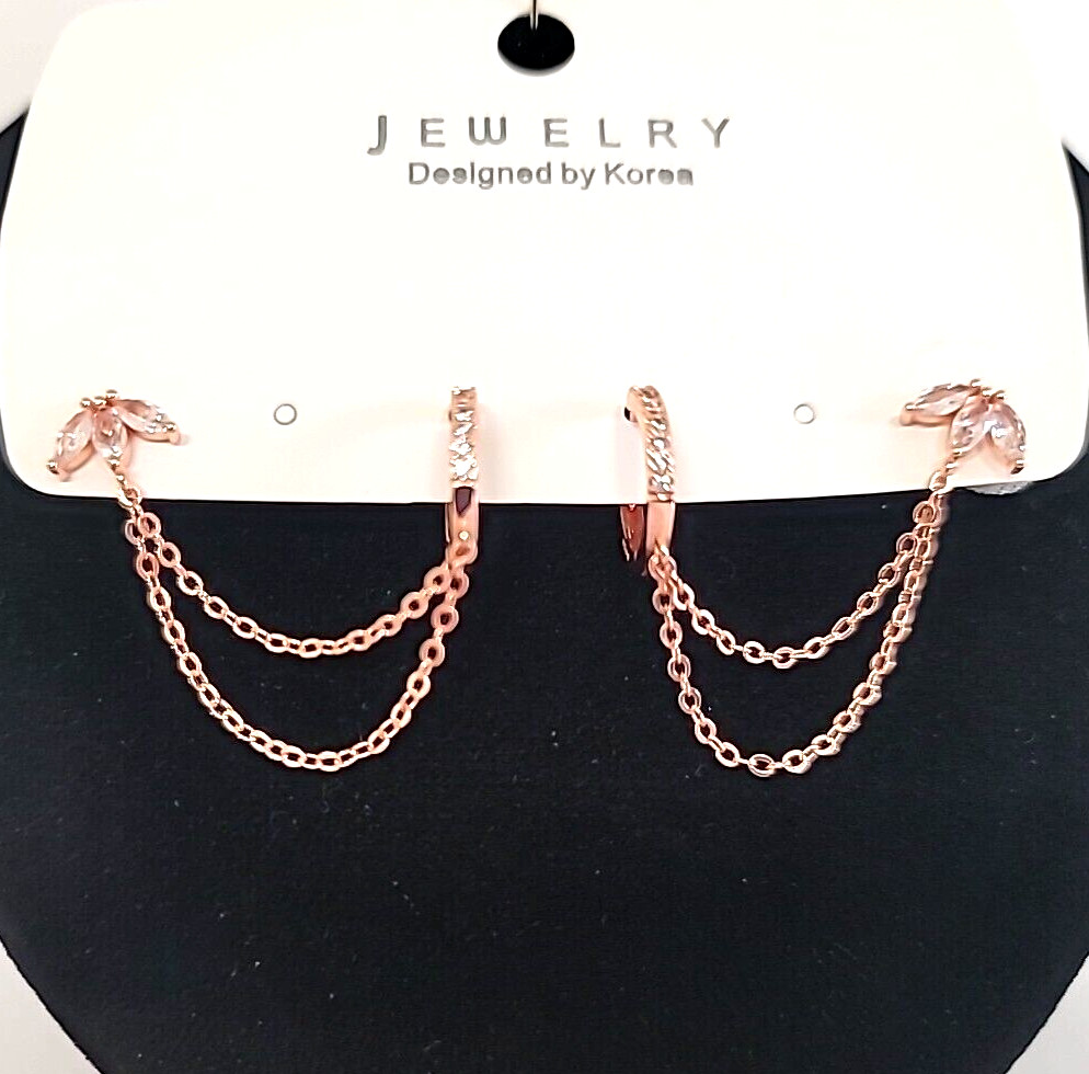 Jewelry Designed By Korea Rose Gold Tone Hoop w/ Chain To CZ Stud Post Earrings