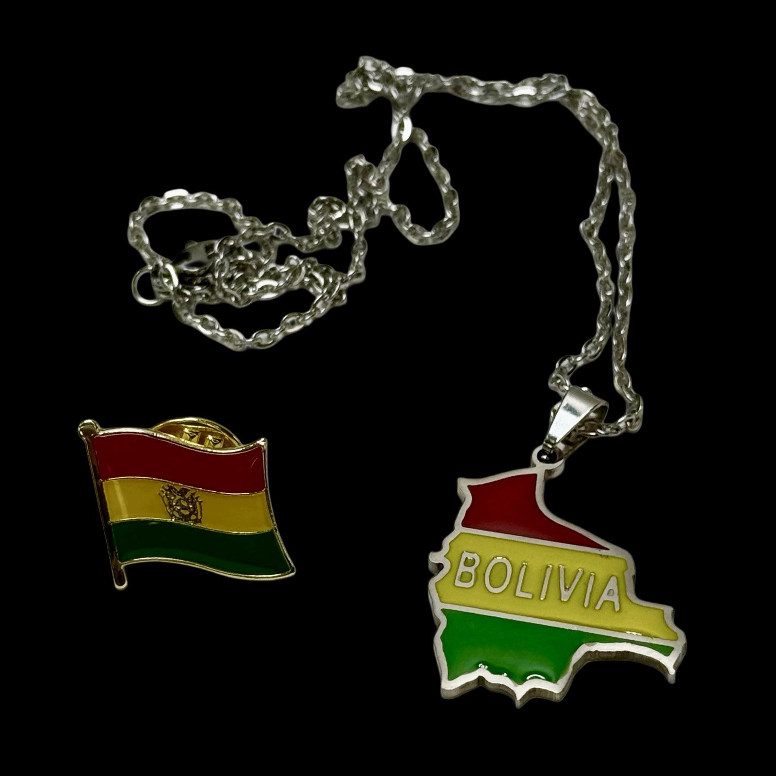 Bolivia Map Pendant Necklace & Flag Pin Set Red Yellow Green Gift Souvenir