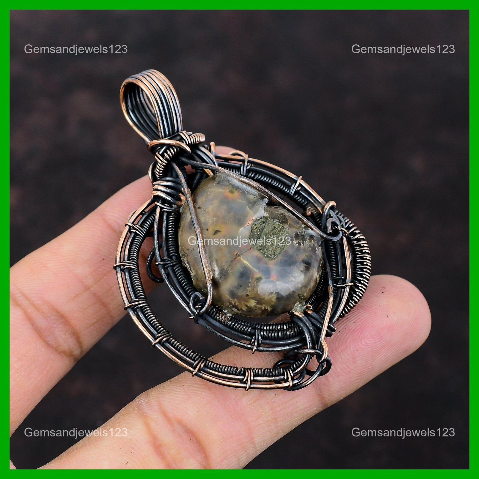 Copper Pear Ammonite Fossil Gemstone Daughter Boho Wire Wrapped Unique Pendant