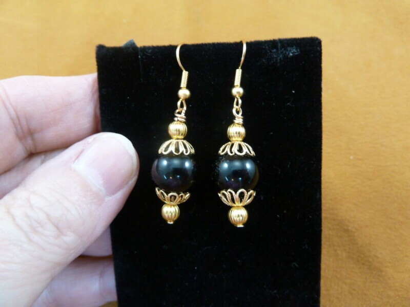 (EE471-h) 12mm round Black onyx Brazil gemstone bead dangle gold wire earrings