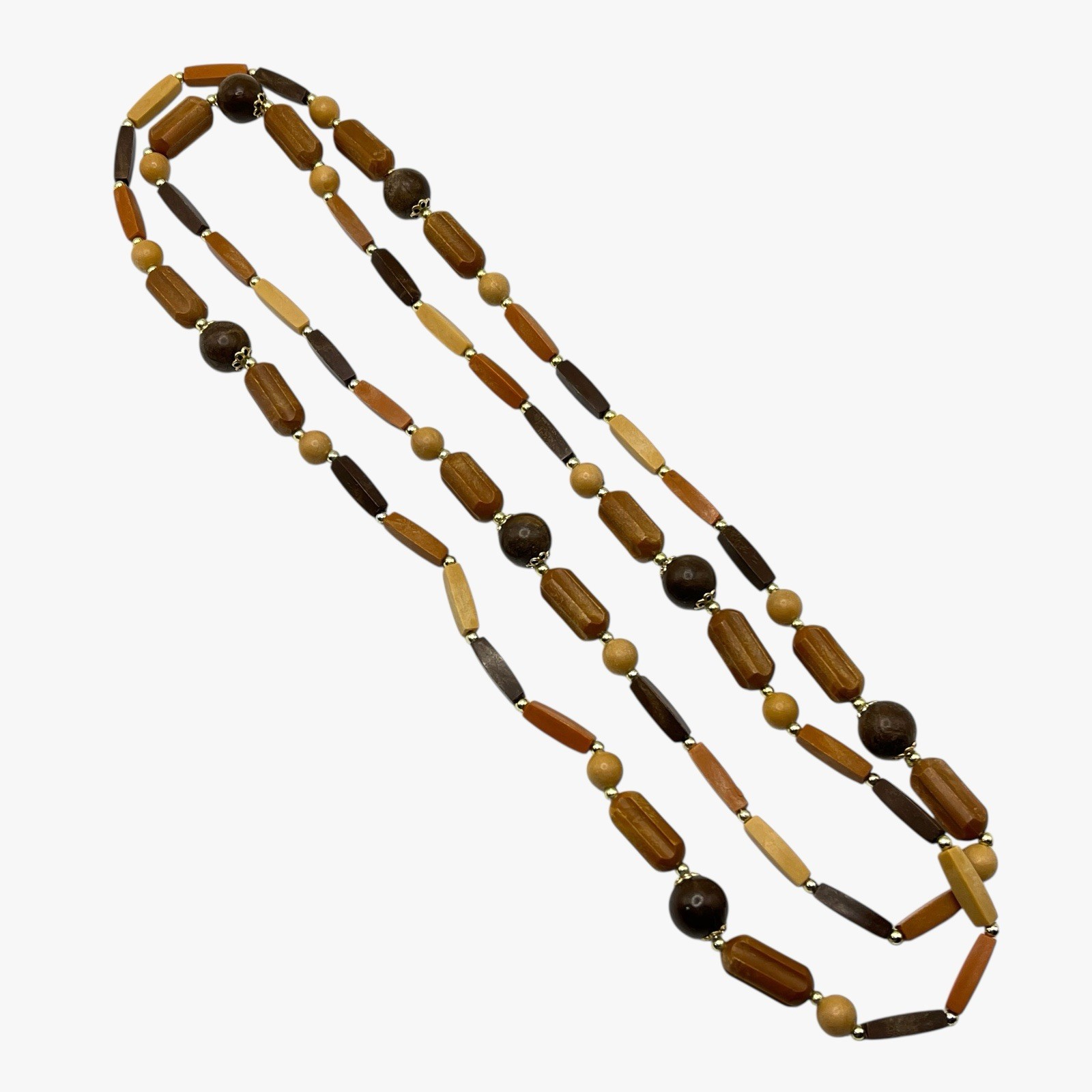 VTG Necklace Wood Grain Plastic Beads Brown Earth Tone Boho Layering Strand 46”
