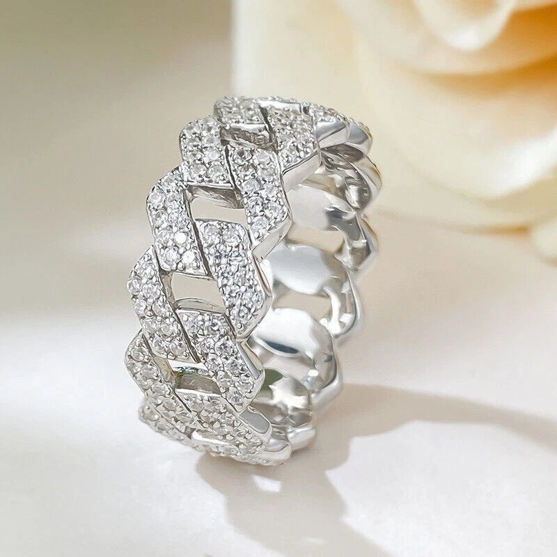 Iced MOISSANITE Prong Cuban Link Band Ring Real 925 Silver 8mm Wedding Hip Hop