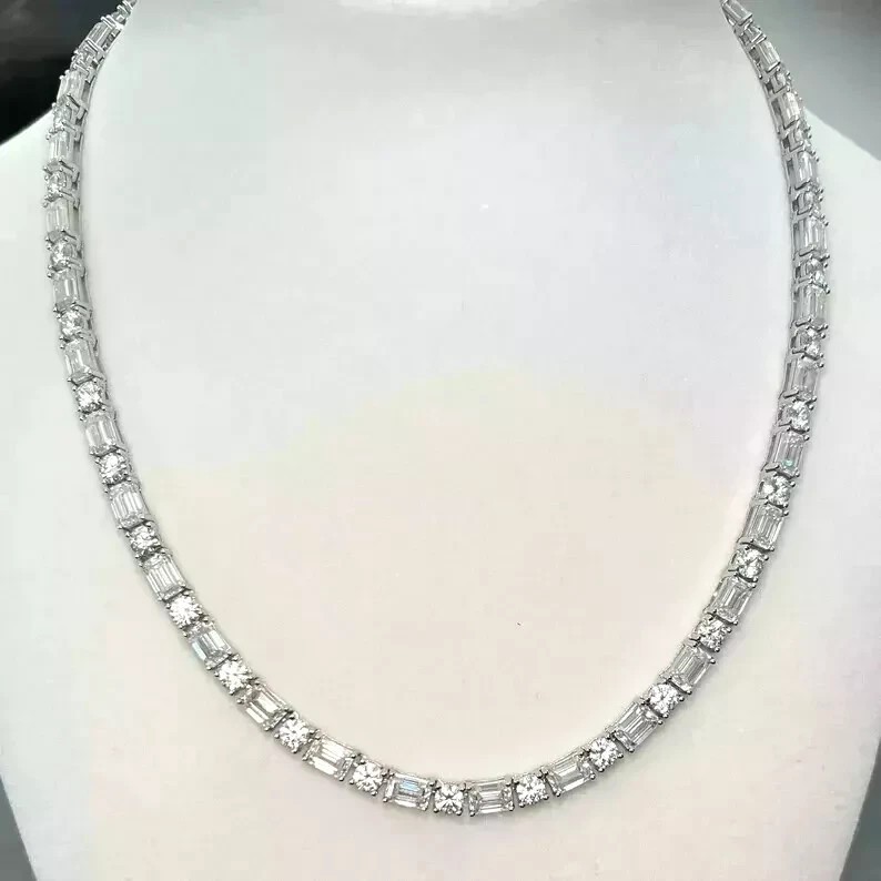30 Ctw Emerald & Round Cut Lab Created Diamond Tennis Necklace 14k White Gold FN
