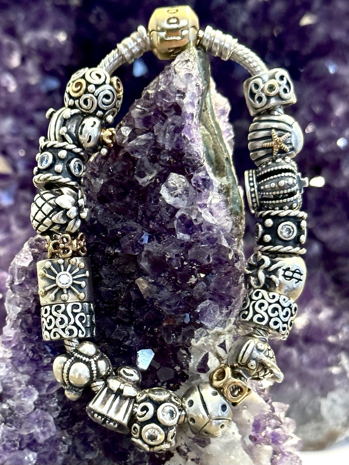 Pandora 925 Sterling Silver & 14k (585 ALE) Yellow Gold Barrel Clasp Bracelet