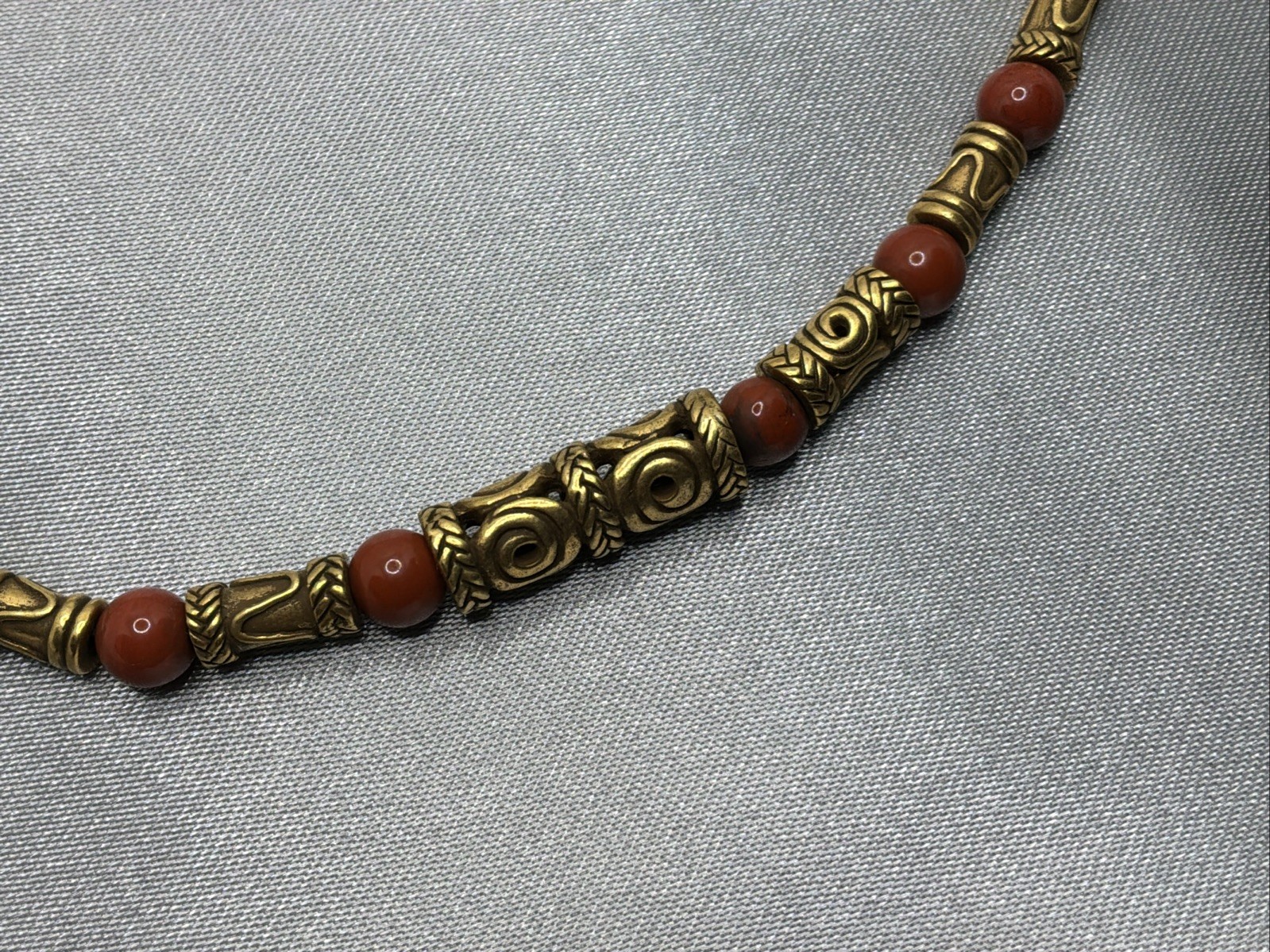 Etruscan Byzantine Beaded Necklace Gold Tone Rust Red Jasper Signed MMA