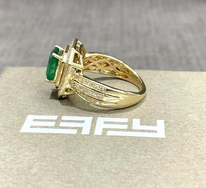 EFFY Emerald Diamond Double Halo 14k Yellow Gold Ladies Cocktail Ring