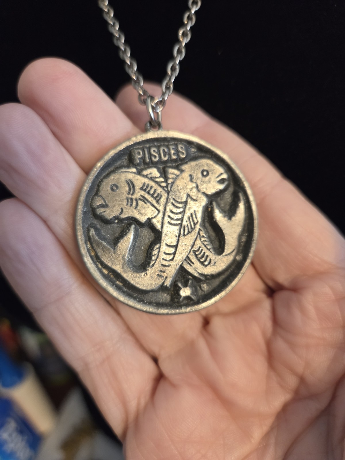 Vintage Zodiac Pendant Necklace Pisces Coin Medallion Pewter Tone Two Fish