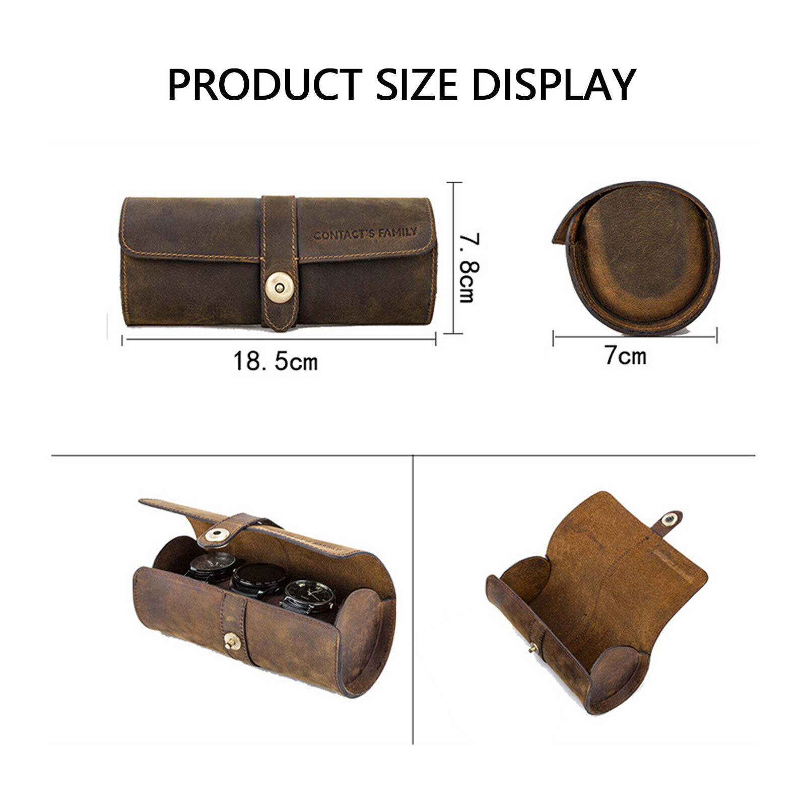 Genuine Leather Watch Roll Travel Box 3 Slot Wrist Watches Display Storage Case