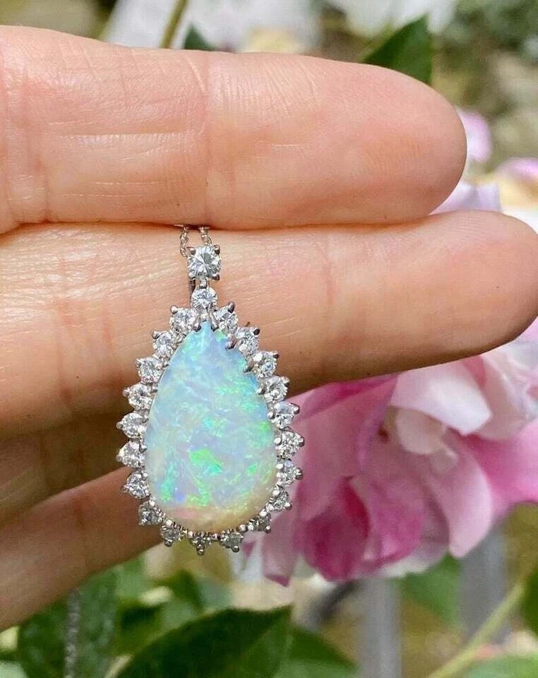 4Ct Pear Cut Fire Opal Diamond Halo Women Pendent 14K White Gold Over