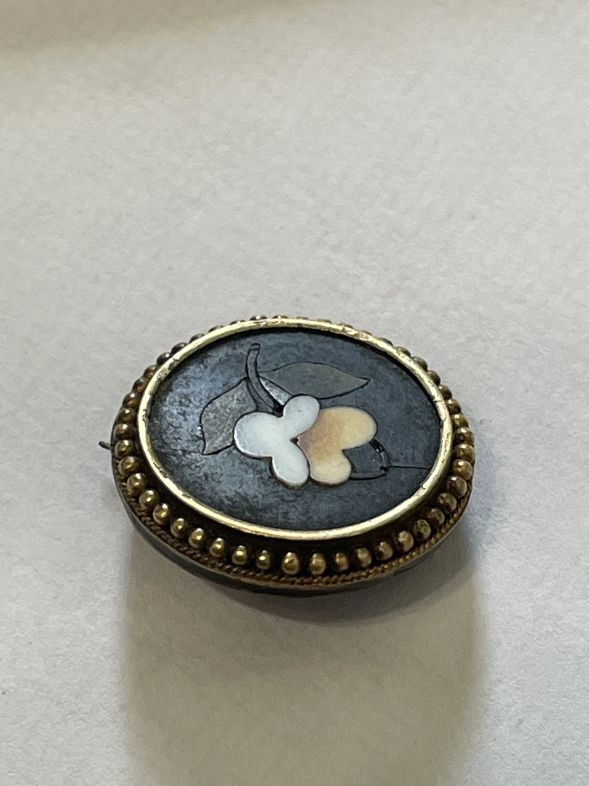 Antique 18k Pietra Dura Brooch Pin Italian Inlaid Floral Victorian Style Mosaic