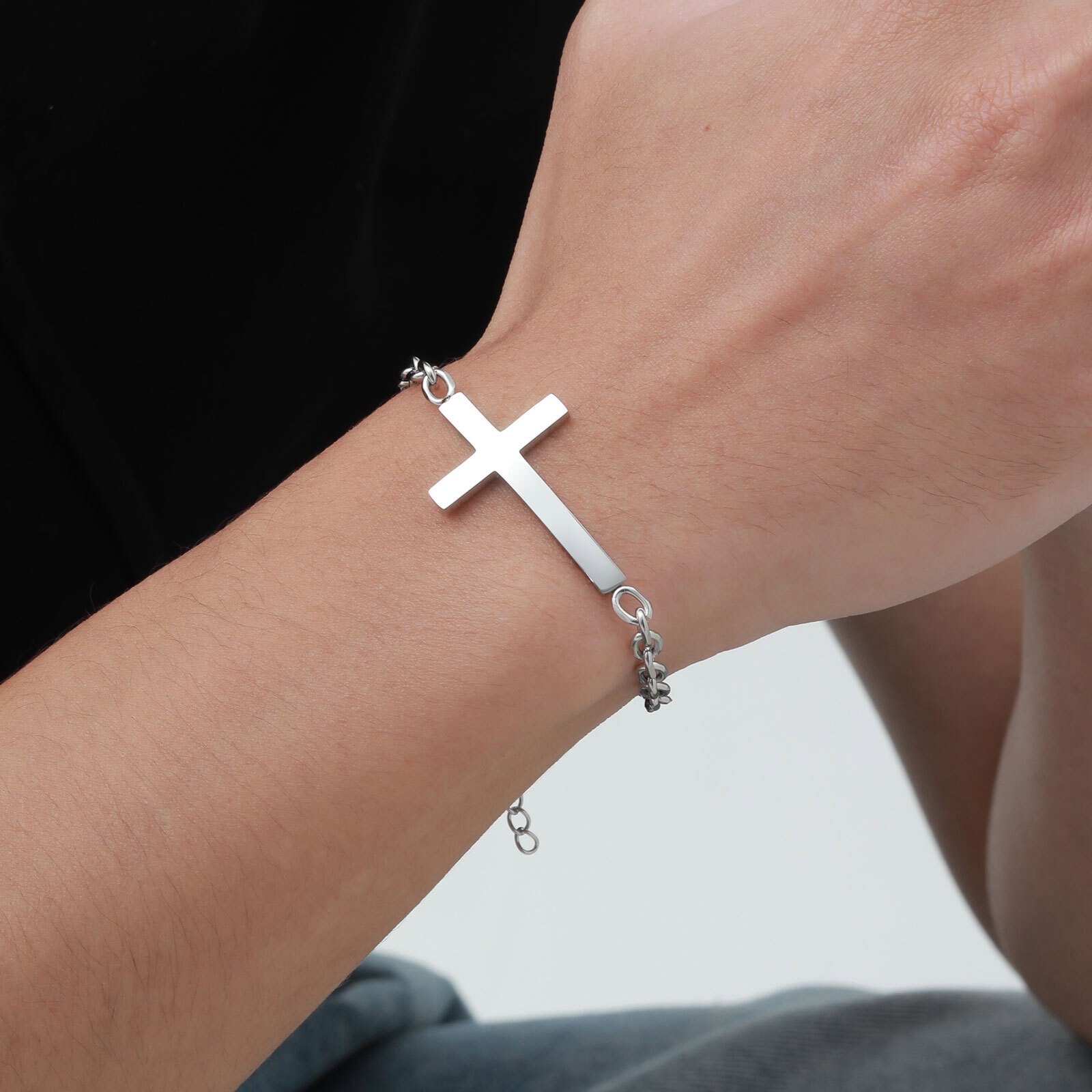 Cross Bracelets Rolo Link Chain Wristband Christ Faith Stainless Steel Mens Gift