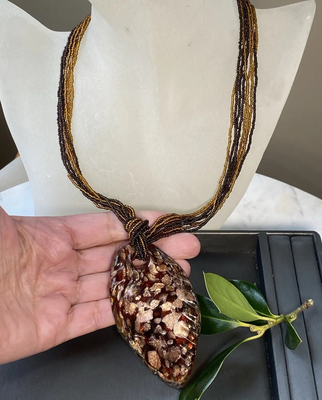 Vintage Pendant Necklace Handblown Murano Italy Art Glass 24K Gold Fleck Signed