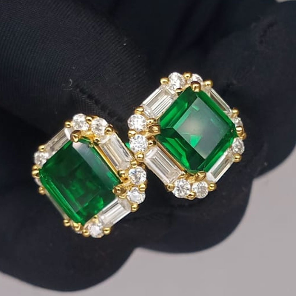5.16Ct Asscher Cut Natural Emerald & Diamond Stud Earring 14K Solid Yellow Gold