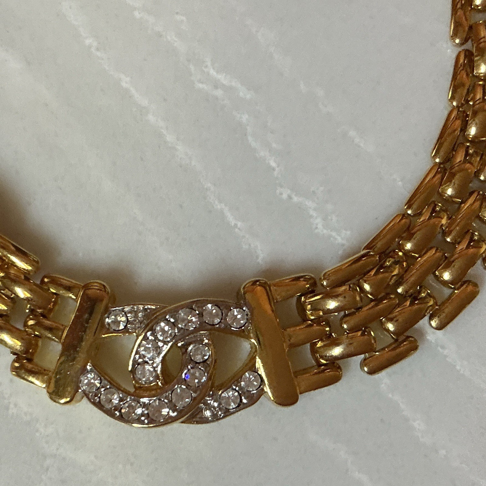 Gold Tone Multi-Row Link Chain Necklace Clear Crystal Pavé Swirl Box Clasp 18 in