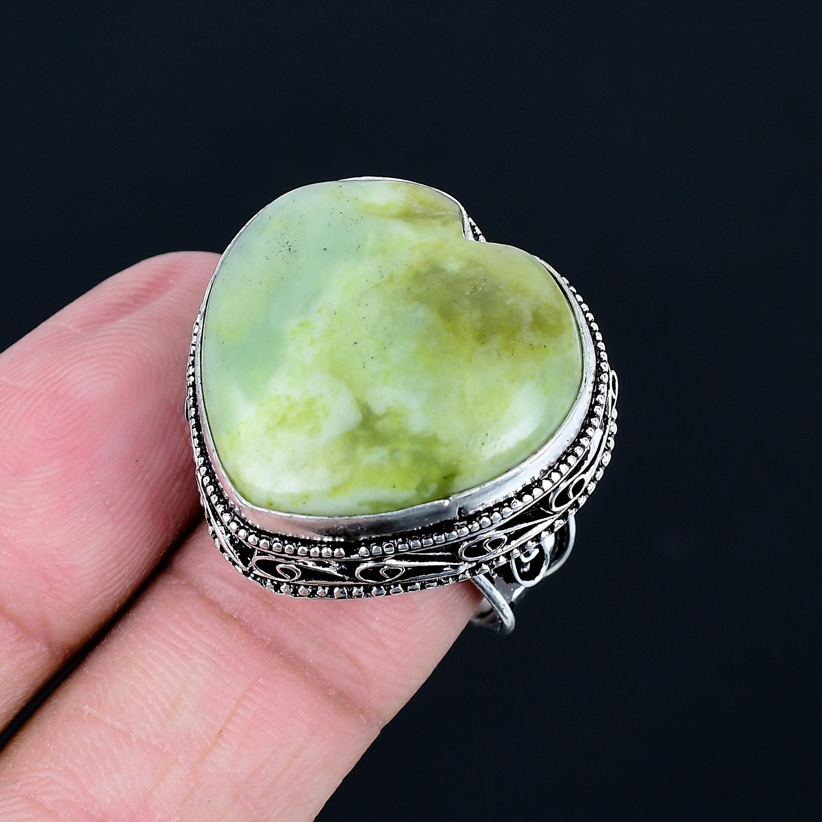 Green jade 925 Sterling Silver Heart Gemstone Adjustable Vintage Ring VR 2872
