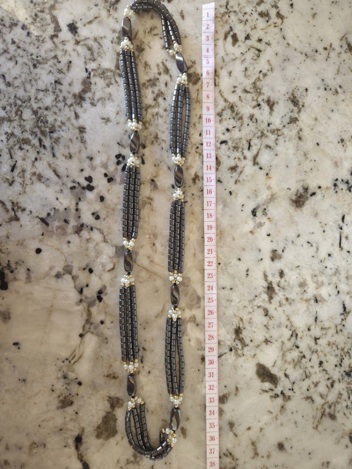 Vintage Hematite and Pearl Beaded Necklace Gray White 36 cm Fashion Jewelry