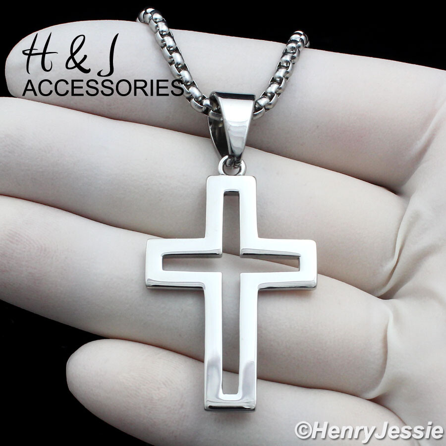 18″-36″MEN Stainless Steel 3mm Silver Box Link Necklace Hollow Cross Pendant*141