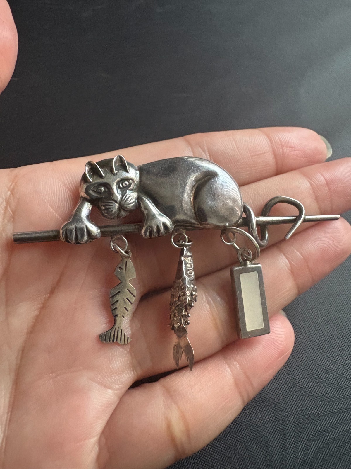 Vintage 925 Sterling Silver Cat Fishing with Dangling Charms Brooch Pin