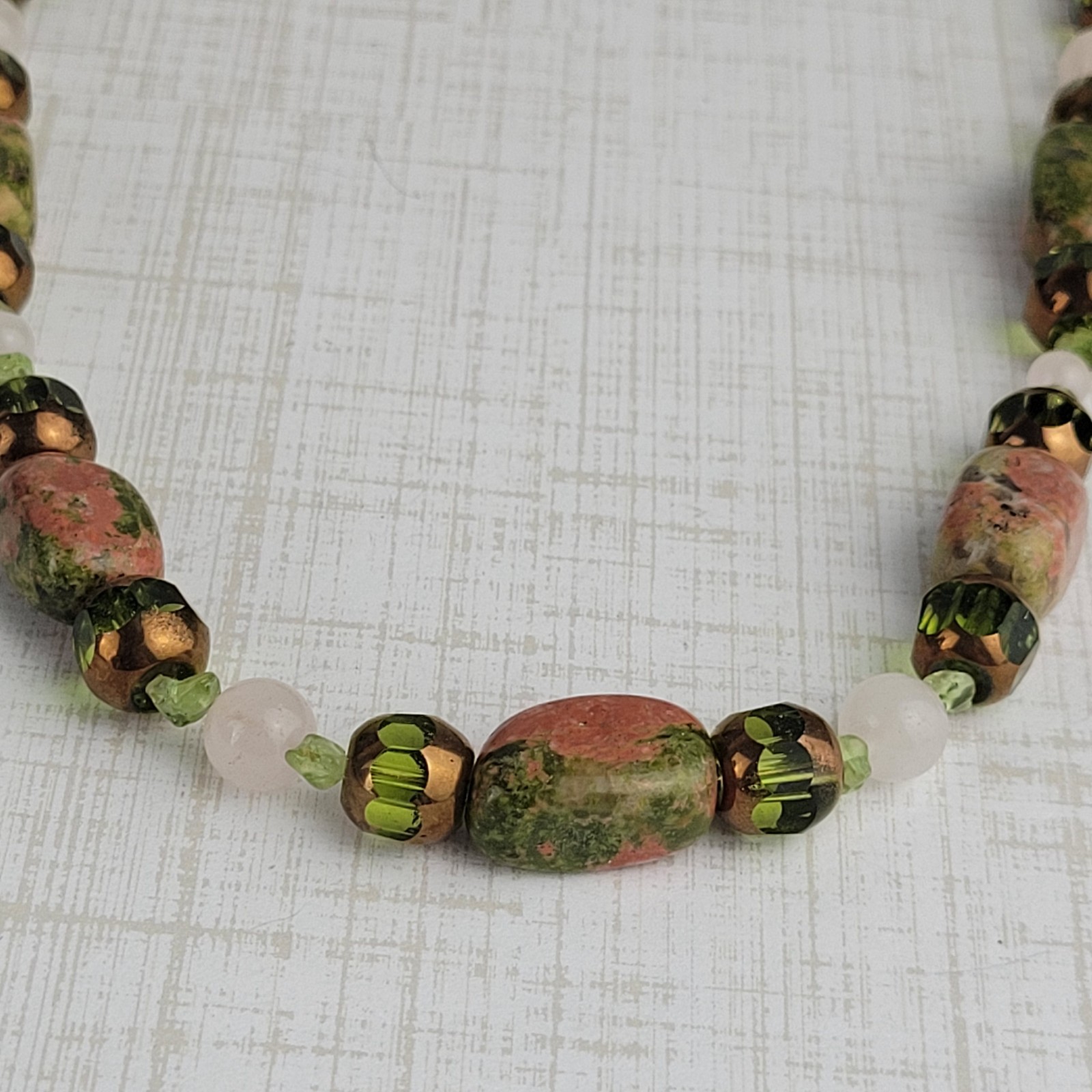 Green and Adobe Pink Color Stone Glass Bead Necklace 17″ Artisan Made