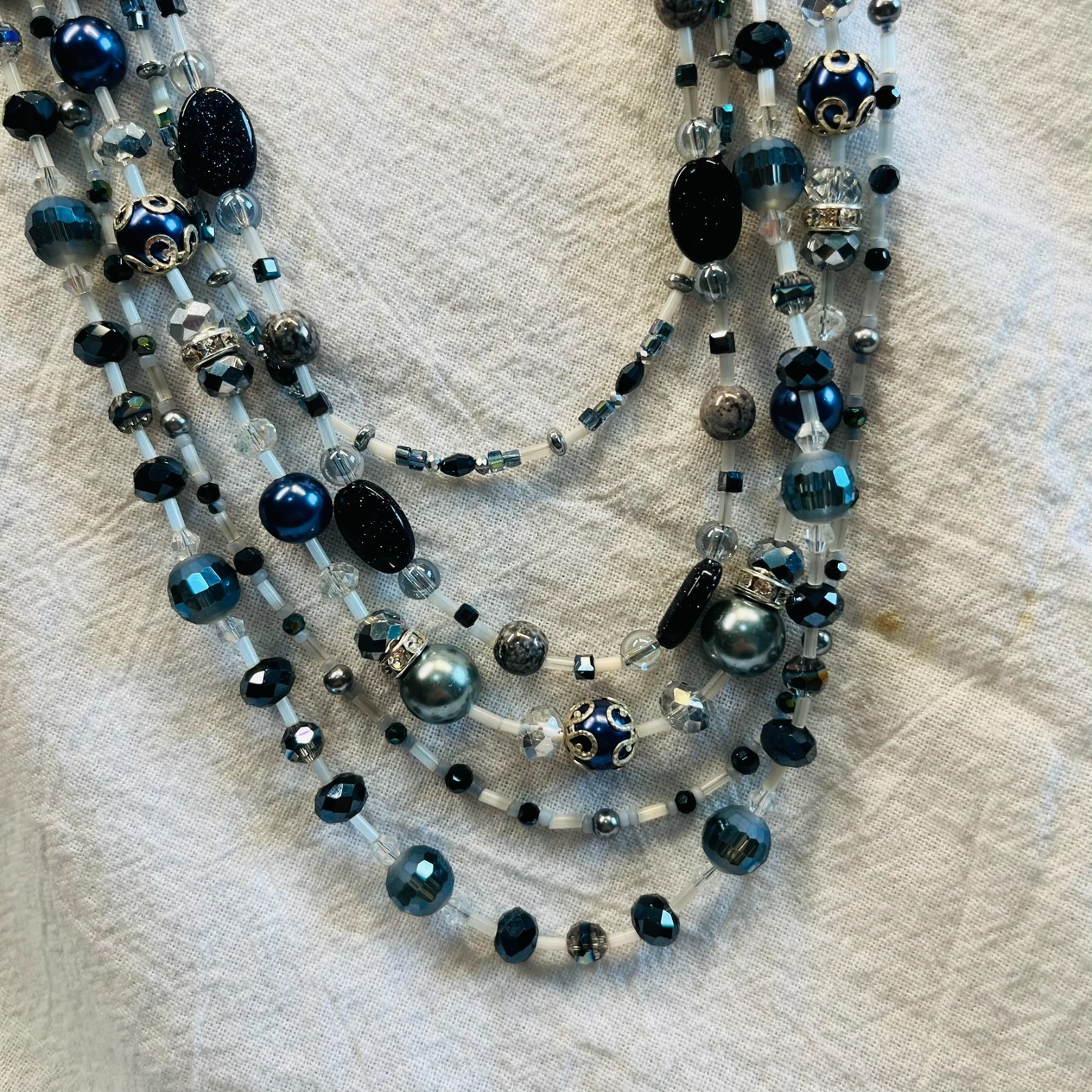 Blue White Silver Beaded 5 Strand Necklace 18″ long – HANDMADE