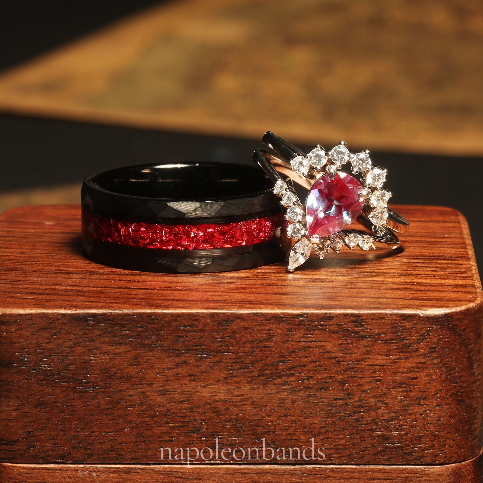 Ember Glow – Ruby & Alexandrite Couples Rings | Matching His & Hers Wedding Band