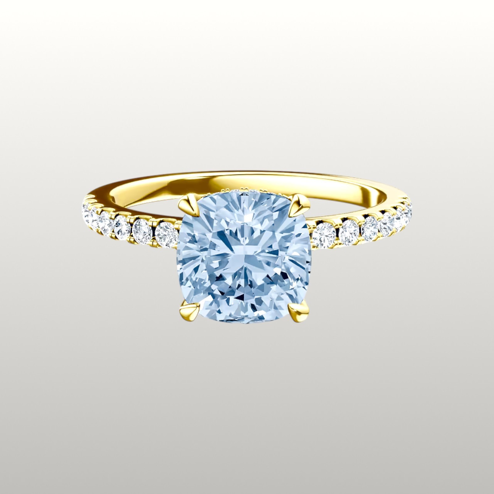 2.75 Ct Cushion Cut IGI Lab Grown Fancy Vivid Blue Diamond Ring 14k Yellow Gold