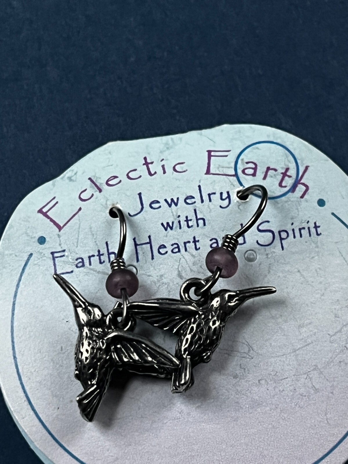 Eclectic Earth Tiny Purple Plastic Bead w Small SIlvertone Hummingbird Dangle Ea