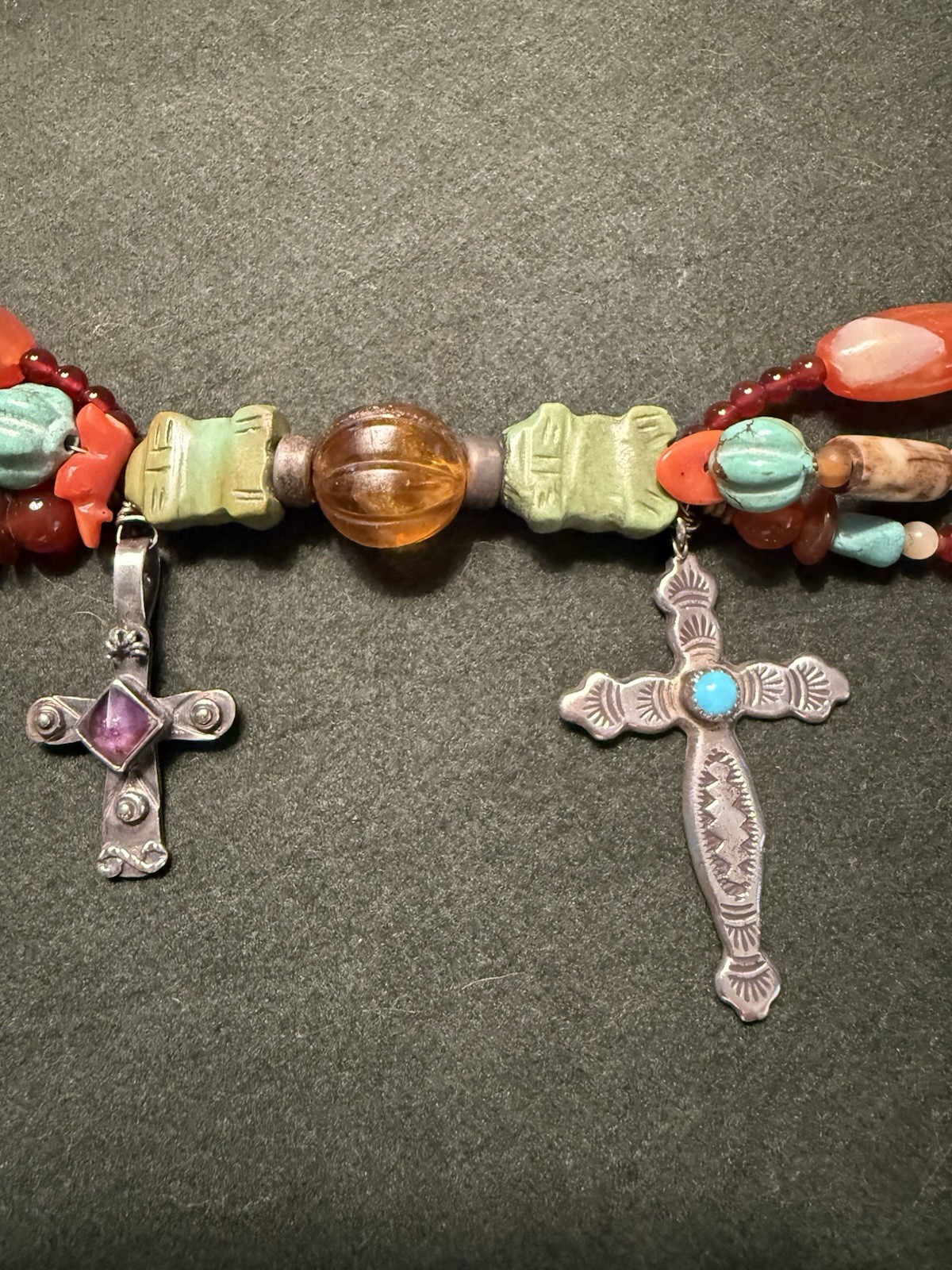 Southwestern Multicolor, 3 Strand Beaded Necklace with Crosses
